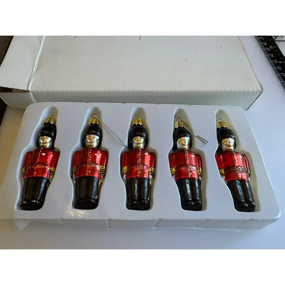 Vintage Blown Glass The Queen’s Guards Christmas Ornaments Red Black 5 Pcs EUC